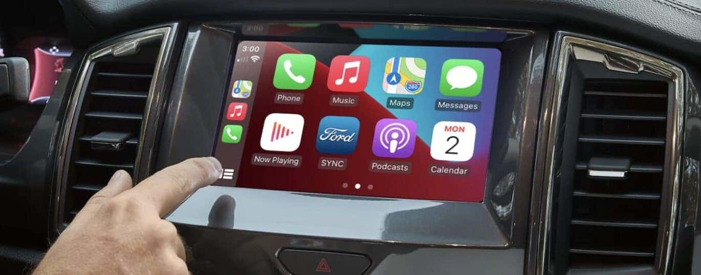 The black interior of a 2023 Ford Ranger shows the infotainment screen in close up.
