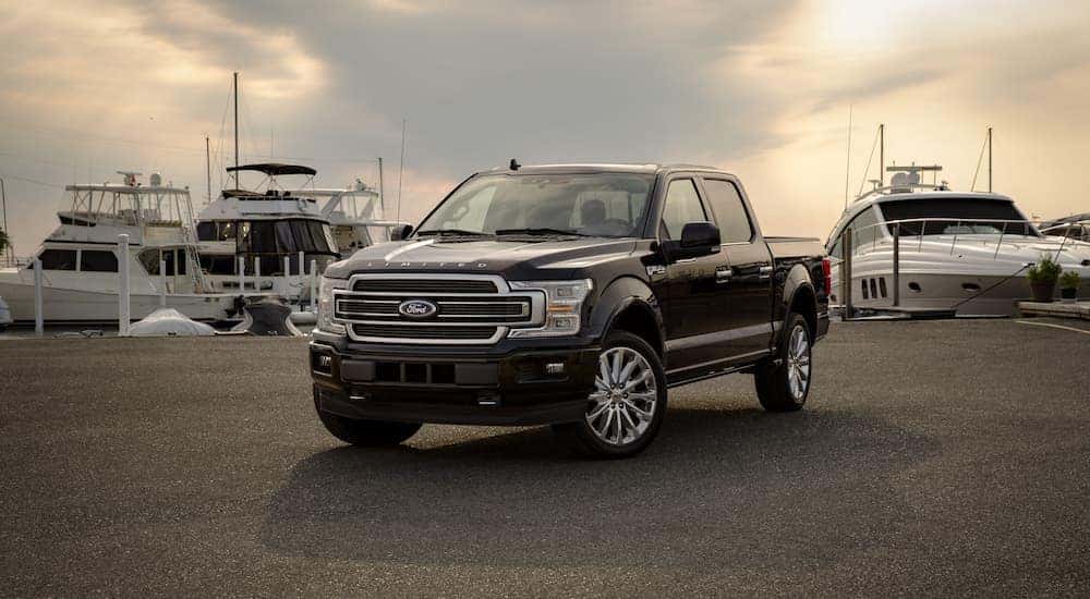 A black 2019 Ford F-150 Limited is shown parked at a marina after leaving a used truck dealer.