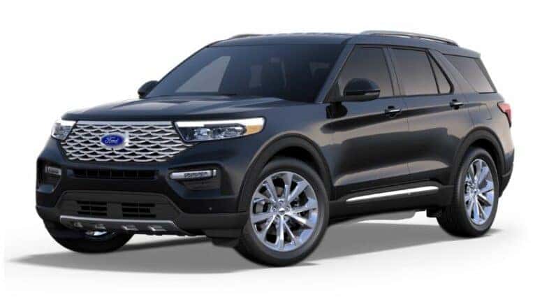 A black 2023 Ford Explorer Platinum is angled left.