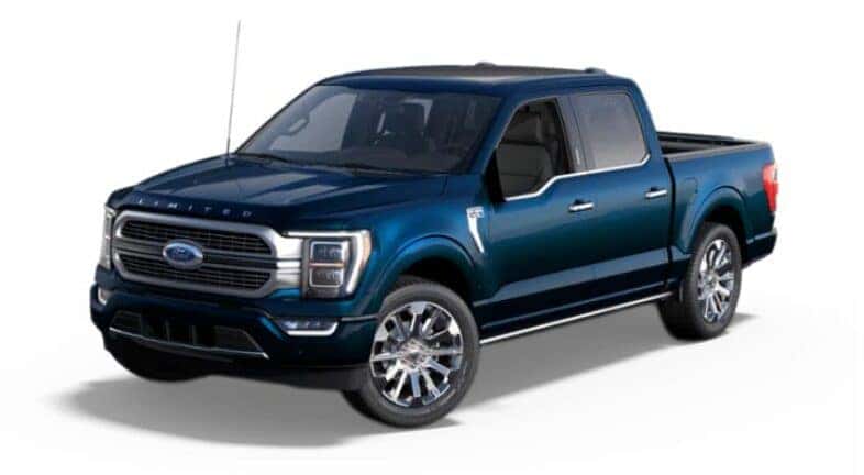 A blue 2023 Ford F-150 Limited is angled left.