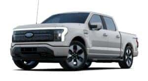 A grey 2023 Ford F-150 Lightning Platinum is angled left.
