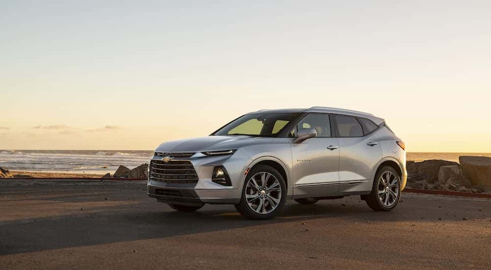 A grey 2019 Chevy Blazer is shown from the front at an angle.