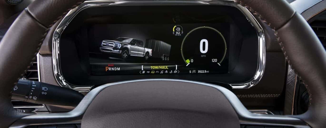 A close up of the digital cluster in a 2023 Ford F-150 is shown during a 2023 Ford F-150 vs 2023 Toyota Tundra comparison.