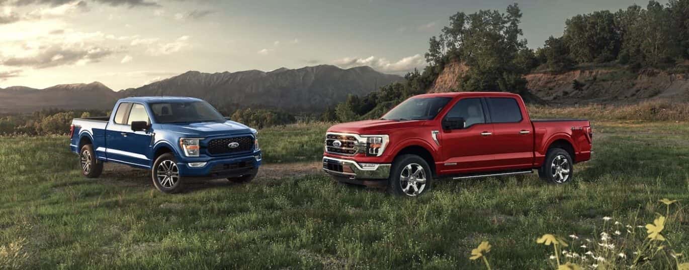 A blue and a red 2023 Ford F-150 are shown parked in a field.