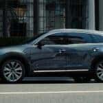 A silver 2021 Mazda CX-9 is shown parked near a building after visiting a used car dealer near Bethlehem.
