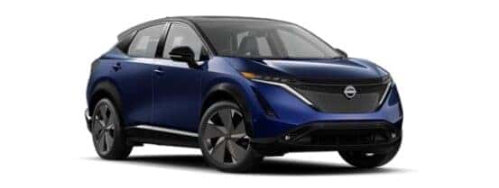 A blue 2024 Nissan ARIYA is shown angled right.