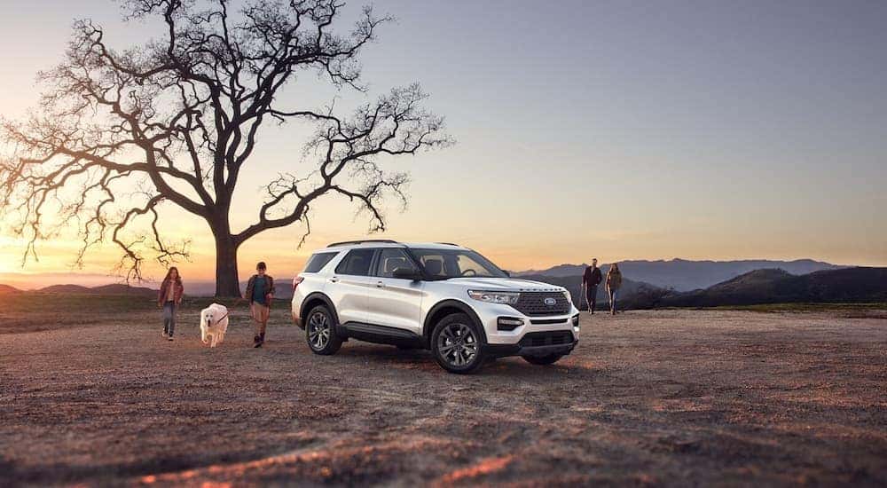 A family walking towards their white 2024 Ford Explorer parked under a tree in a field.