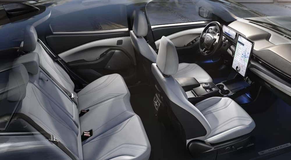 The gray interior and dash in a 2024 Ford Mustang Mach-E is shown.