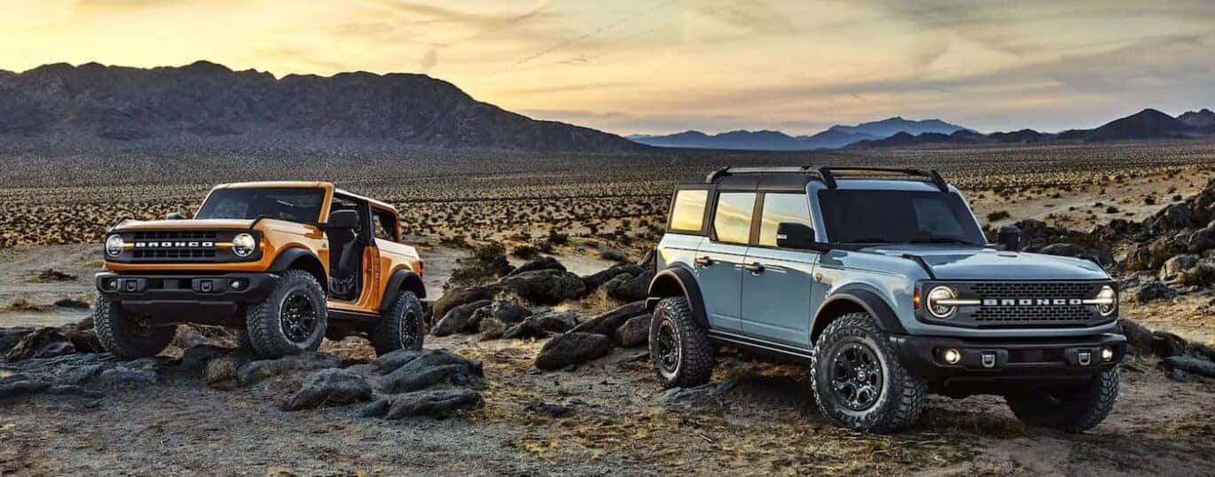 A blue 2024 Ford Bronco and an orange 2024 Ford Bronco parked off-road.