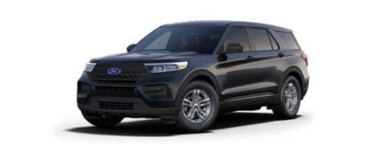A black 2024 Ford Explorer is angled left.