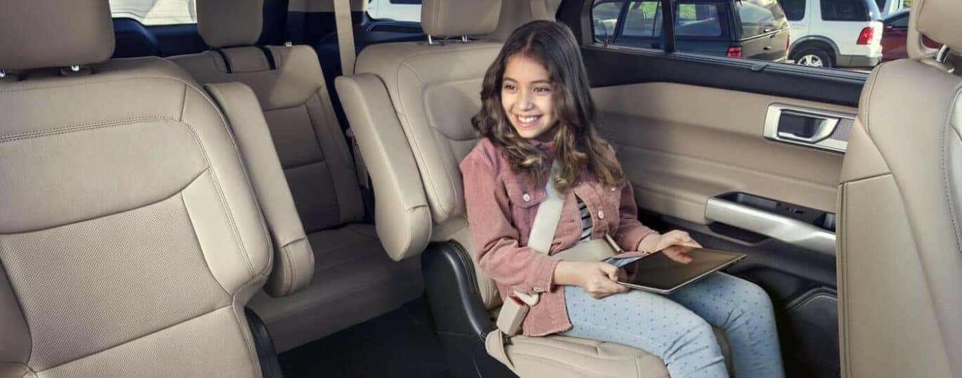 The white interior in a 2024 Ford Explorer is shown.