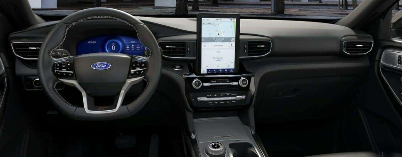 The black interior and dash is shown in a 2024 Ford Explorer.