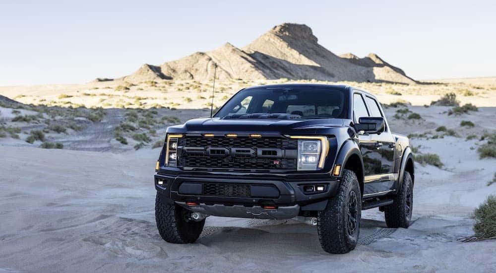 A blue 2024 Ford F-150 Raptor R is shown from the front at an angle.