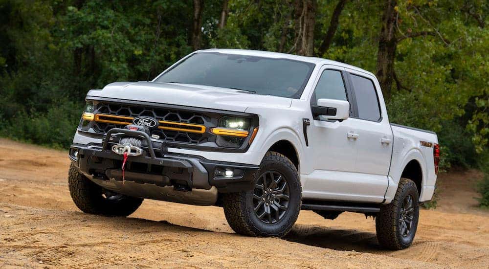 A white 2024 Ford F-150 Tremor is shown from the front at an angle.