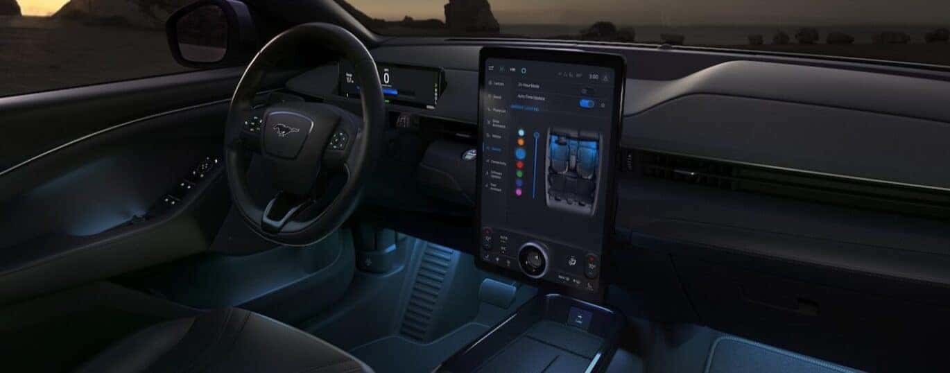 The black interior and dash in a 2024 Ford Mustang Mach-E is shown.
