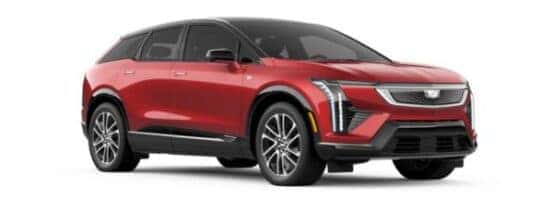 A red 2025 Cadillac OPTIQ is angled right.