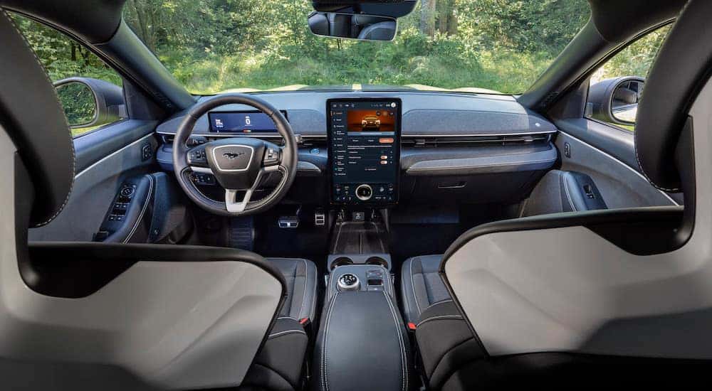 The interior of a 2024 Ford Mustang Mach-E Rally is shown from behind the front seats.
