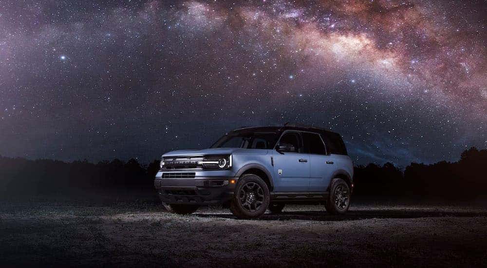 A blue 2023 Ford Bronco Sport is shown from the front at an angle.