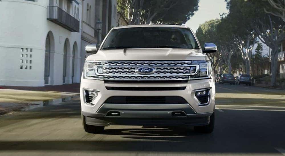 A white 2024 Ford Expedition is shown from the front.