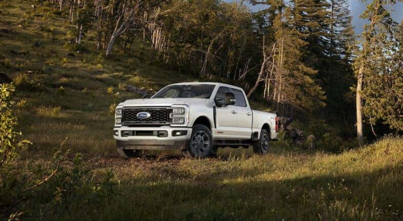A white 2024 Ford F-350 LARIAT Sport parked in the woods.