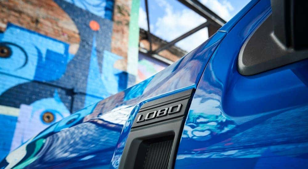 Close-up on the logo of a blue 2025 Ford Maverick Lobo.