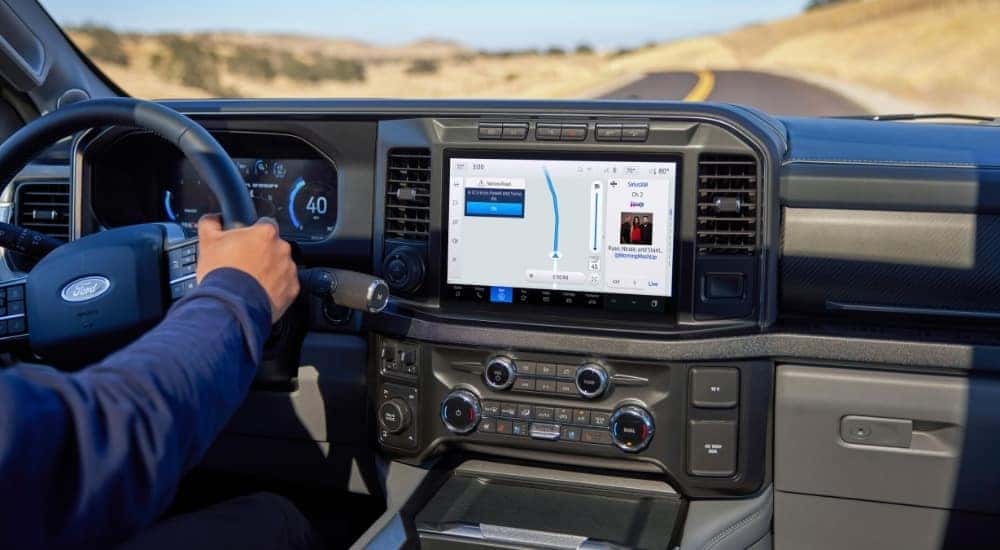 The black interior of a 2025 Ford F-350 is shown.