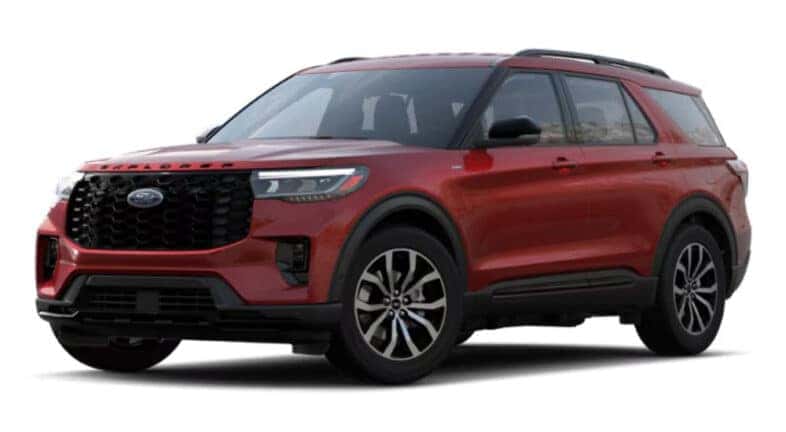A red 2025 Ford Explorer ST-Line is angled left.
