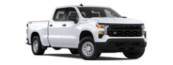 A white 2025 Chevy Silverado 1500 WT is angled right.