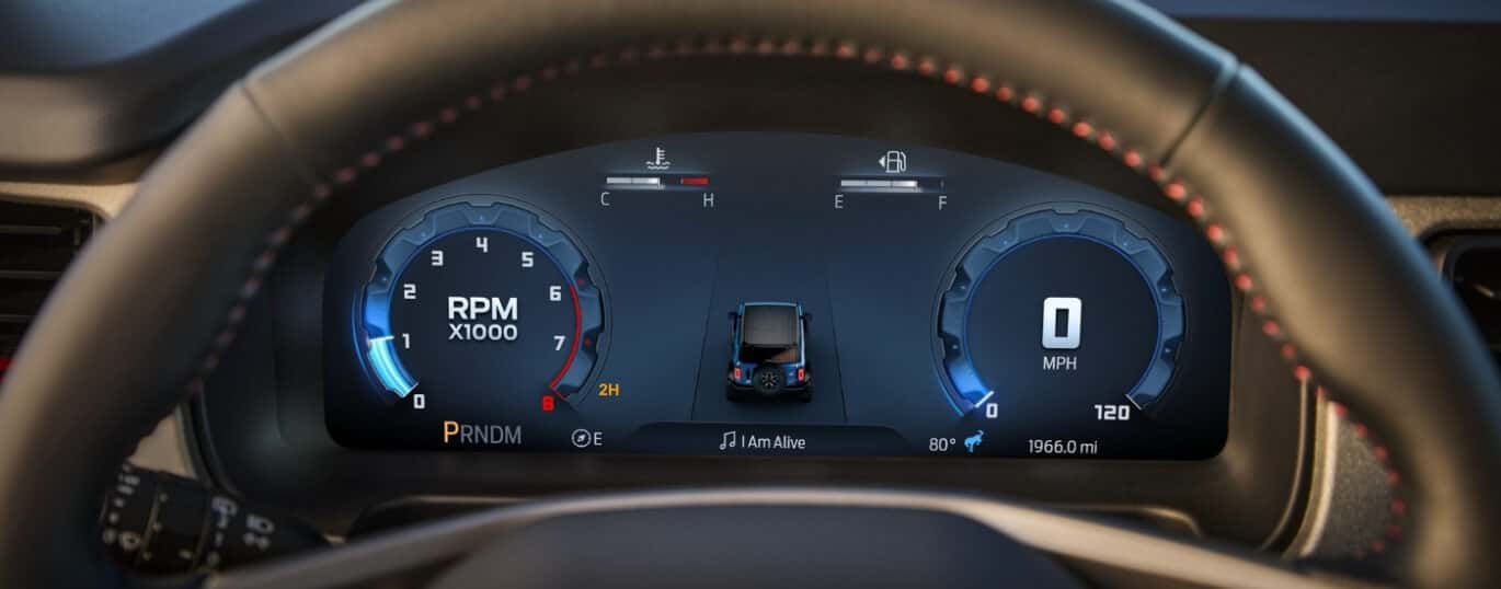 A close up shows the digital display in a 2025 Ford Bronco Freewheeling.