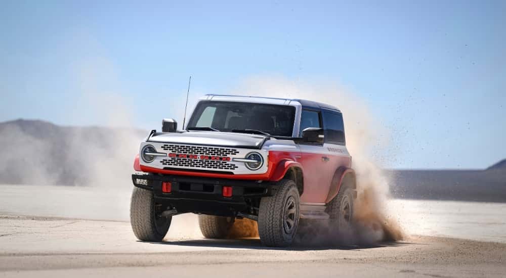 A red 2025 Ford Bronco Stroppe Edition is shown from the front at a angle.