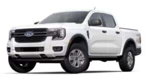 A white 2025 Ford Ranger is angled left.