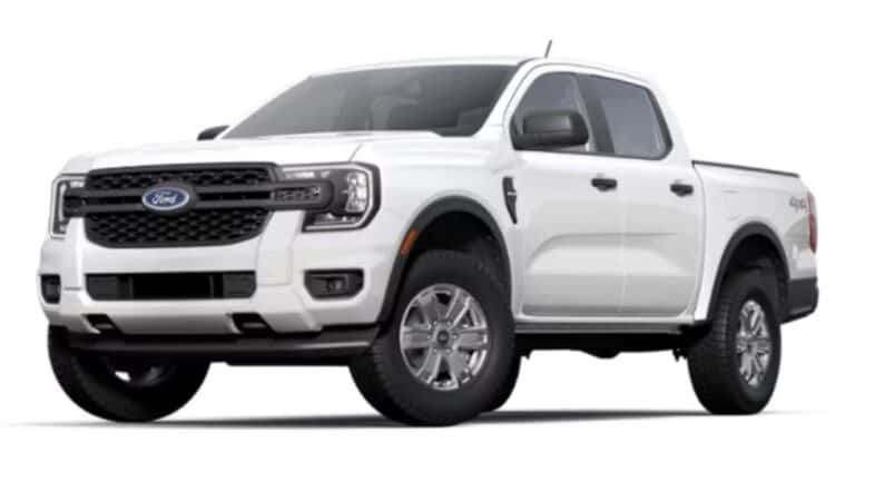 A white 2025 Ford Ranger is angled left.
