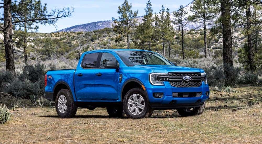 A blue 2025 Ford Ranger XL STX is shown from the front at an angle.