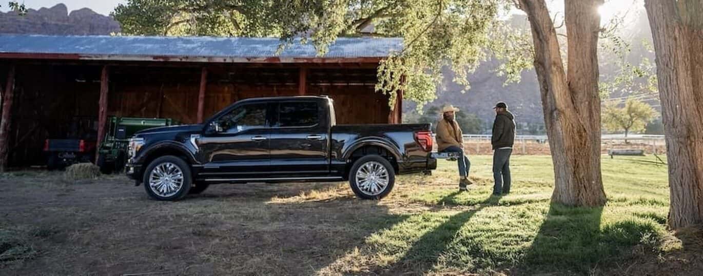 A black 2025 Ford F-150 XLT is shown parked on a farm.