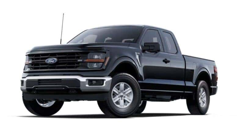 A black 2025 Ford F-150 XLT is angled left.