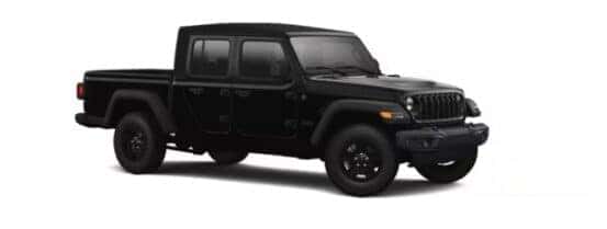 A black 2025 Jeep Gladiator Sport is angled right.