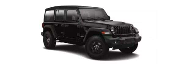 A black 2025 Jeep Wrangler is angled right.