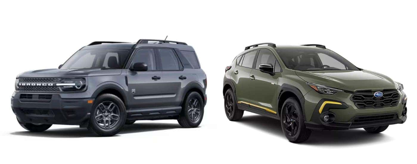 A gray 2025 Ford Bronco Sport and a green 2025 Subaru Crosstrek facing opposite ways.