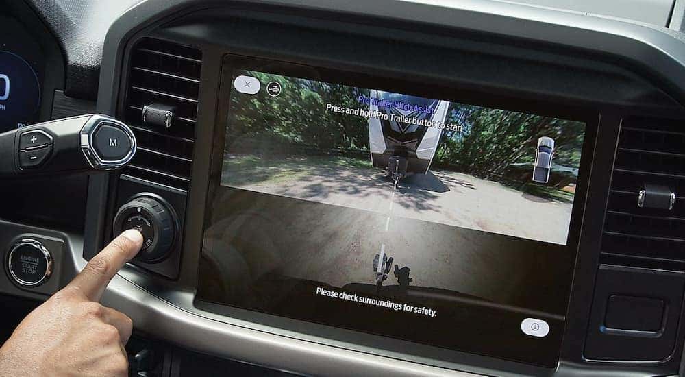 A close-up on the trailer camera in the interior of a 2025 Ford F-150.