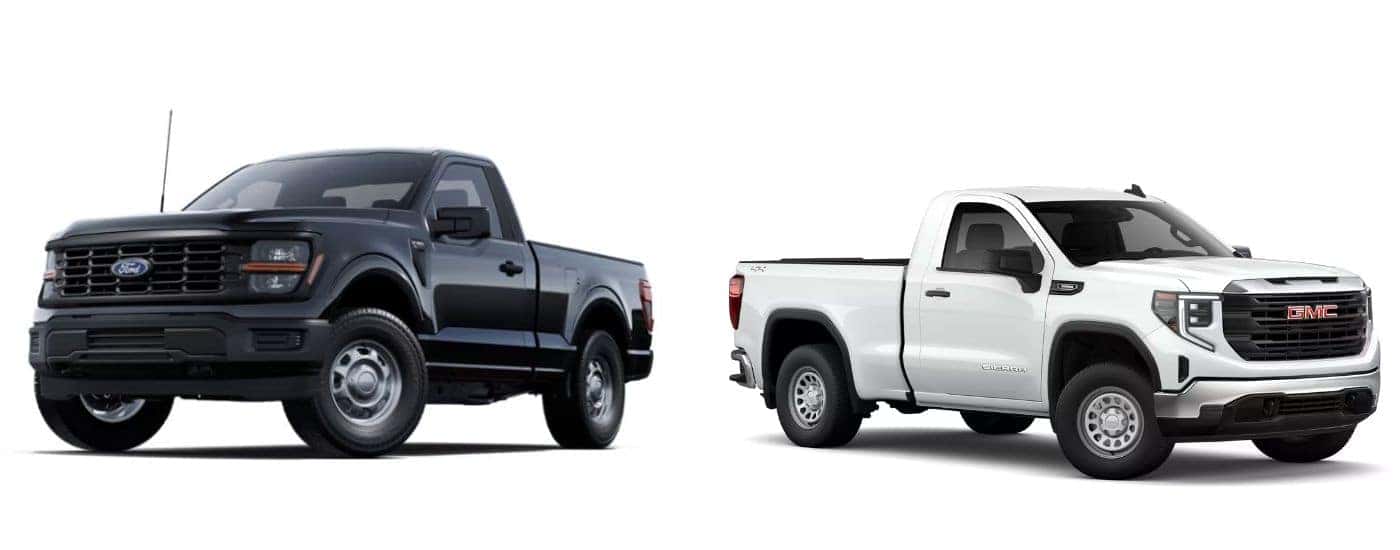 A black 2025 Ford F-150 and a white 2025 GMC Sierra facing different directions.