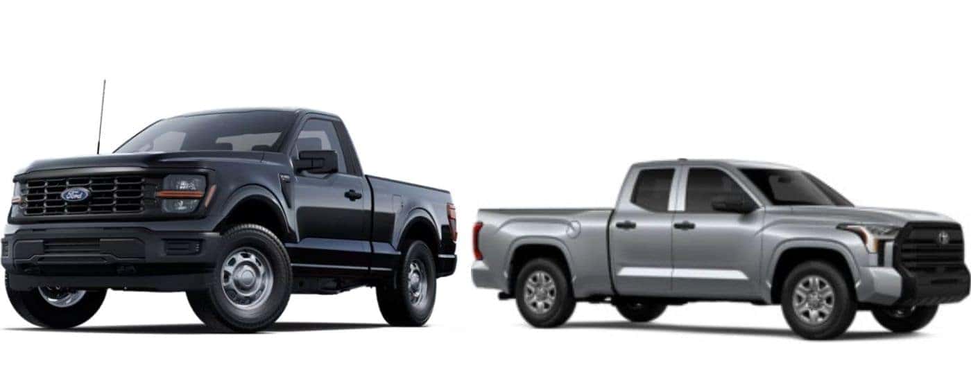 A black 2025 Ford F-150 and a silver 2025 Toyota Tundra facing opposite angles.