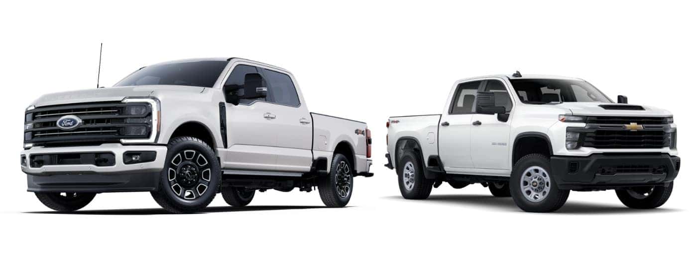 A white 2025 Ford F-350 and 2025 Chevy Silverado 3500 HD are facing opposite directions.