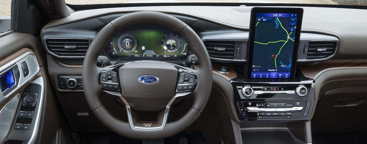 The black interior of a 2021 Ford Explorer King Ranch is shown.