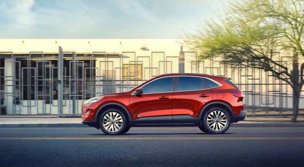 A red 2020 Ford Escape driving in a city.