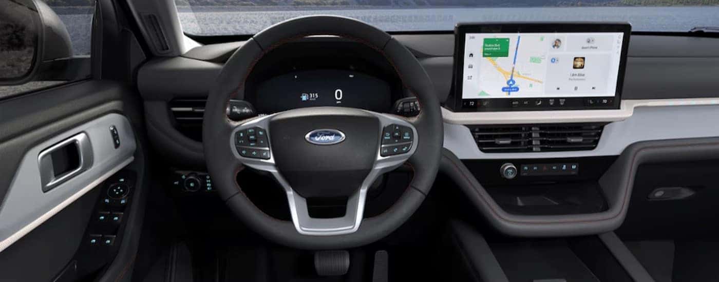 The black and white interior in a 2025 Ford Explorer.