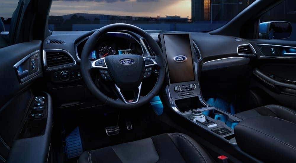 The black interior of a 2022 Ford Edge.