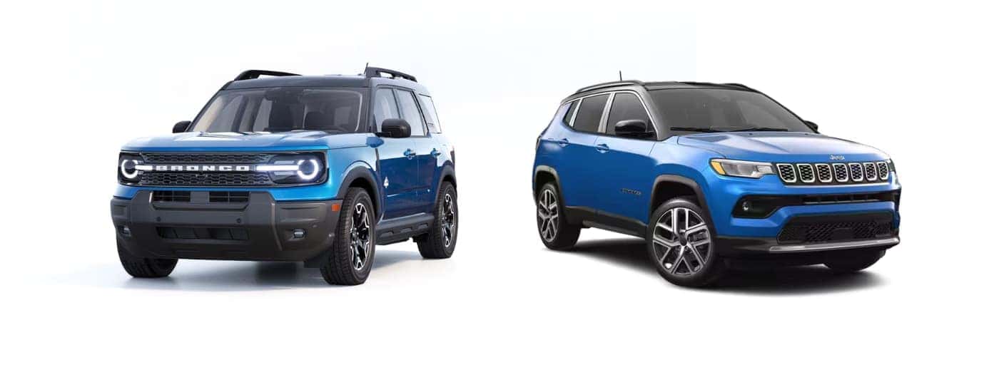 A blue 2025 Ford Bronco Sport vs a blue 2025 Jeep Compass