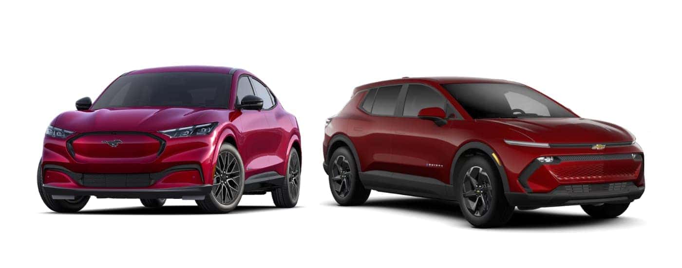Two red 2025 Ford Mustang Mach-E vs 2025 Chevy Equinox EV
