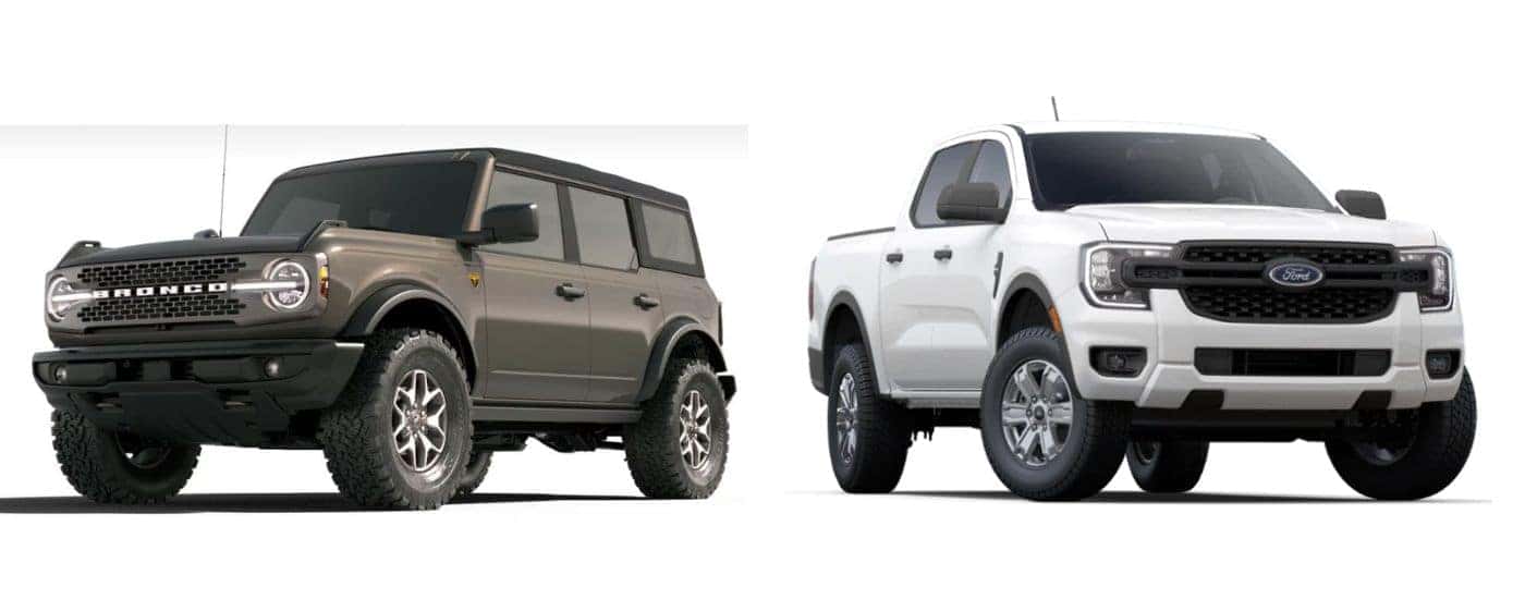 A brown 2025 Ford Bronco vs a white 2025 Ford Ranger.