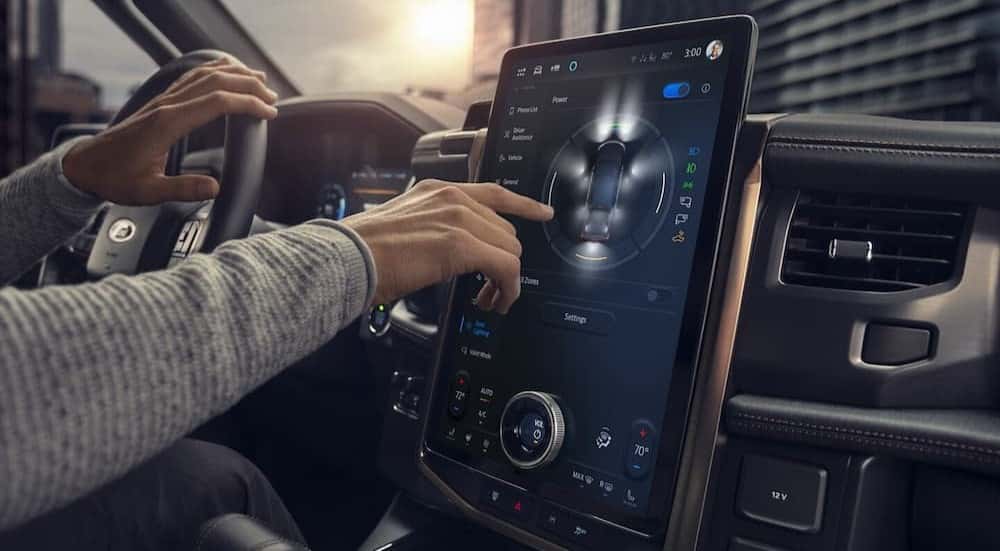 Close-up of the infotainment screen in a 2025 Ford F-150 Lightning.